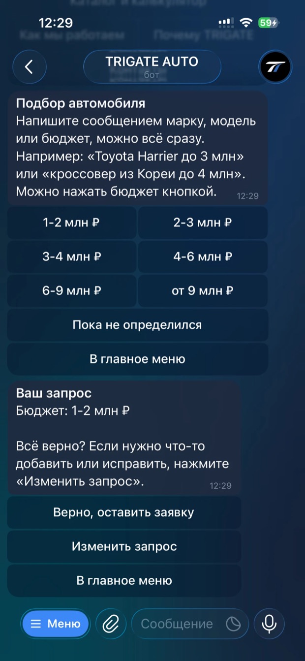 Подбор по бюджету и подтверждение запроса в Telegram-боте